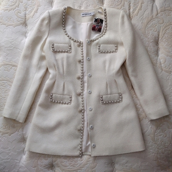 NWT Self-Portrait Boucle Tailored Mini Dress in Cream Women's size 8 - Picture 3 of 11